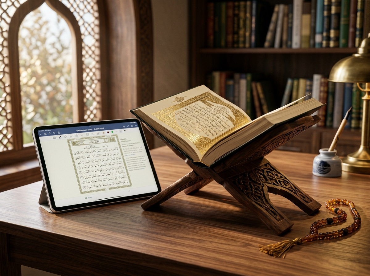 Holy Quran on wooden Rehal with modern tablet for live online class